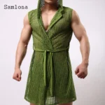 Sexy Men Hollow Out Tank Tops Sleeveless Long Vest 2022 European Style Casual Beach Shirt Clothing Open Stitch Hooded T-shirt - Image 2