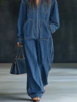 Elegant Hight Street Denim Hooded Jumpsuit Casual Long Sleeve Pockets Loose Party Playsuits Fashion Single-breasted Solid Romper - Image 5