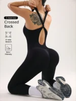 Women Workout Seamless Jumpsuit Yoga Ribbed Bodycon One Piece Square Neck Leggings Romper - Image 2