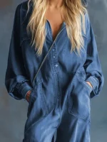 Elegant Hight Street Denim Hooded Jumpsuit Casual Long Sleeve Pockets Loose Party Playsuits Fashion Single-breasted Solid Romper - Image 2