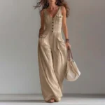 Spring Sexy High Waist Pocket Long Jumpsuit Casual V Neck Button Boho Playsuit Woman New Sleeveless Summer Beach Romper Overalls - Image 3
