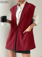 ZANZEA Autumn Women Blazer Vest Sleeveless Fashion Lapel Collar Waistcoat Elegant Lace Up Korean Tank Jackets Oversized Outwears - Image 3
