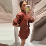 Spring Set Women's Matching Sets Faux Leather Bomber Jacket Two-Piece Set Top Mini Skirt Shorts Pants Woman Clothes Streetwear - Image 5
