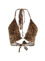Leopard Printed Sexy Halter Crop Top Women Camis Backless Bandage Lace Up Sequins Metal Ring Tank Top 2023 Party Club Bustier - Image 5