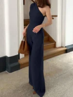 Summer New Women's Jumpsuits Streetwear Fashion Casual Slim Skew Collar Solid Rompers Elegant Female Sexy Sleeveless Jumpsuits - Image 2