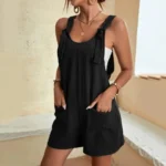 Women's Casual Summer Short Rompers Loose Overall Solid Sleeveless Lace up Wide Leg Pant Tie Knot Strap Jumpsuits with Pockets - Image 4