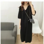 Women Clothing New V Neck Simplicity Loose Street Casual T Shirt Dress Summer Short Sleeve Solid Korean Midi Dress Fashion Trend - Image 2