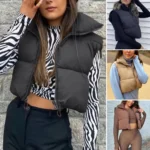 Cropped Cotton Padded Vest Coat Stand Collar Sleeveless Zipper Placket Drawstring Hem Women Waistcoat Autumn Winter Outerwear 80 - Image 5