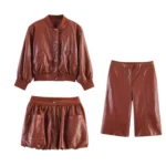 Spring Set Women's Matching Sets Faux Leather Bomber Jacket Two-Piece Set Top Mini Skirt Shorts Pants Woman Clothes Streetwear - Image 2
