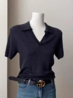 French short shoulder sleeve women's lapel knit top women's spring and summer thin ice silk polo collar of solid color T-shirt - Image 4
