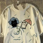 Loose Soft T-shirt with A Cute Black and White Japanese Cat Pattern A Summer Short-sleeved Top Women Clothing Graphic Tshirts - Image 3
