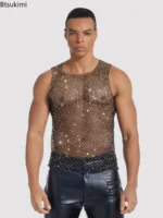 2026 Men's Summer Hollow Mesh Diamond Style Sleeveless T-Shirt Vest Sexy Fashion Trend Leisure Slim Breathable Men's Tank Tops - Image 3