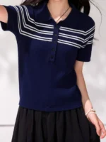New Fashionable Polo Collar Striped Short Sleeve T-Shirt Korean Summer Preppy Style Casual Minimalist Versatile Women's Top - Image 3
