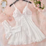 2 Pcs Set Lace Nightgown Women Exquisite Homewear New Green Nighttime Pajamas Transparent Split Nightdress V-Neck Bra Panty Sets - Image 5