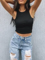 Rib Knit Green Women's Tank Top Summer Casual Basic Skinny Vest Sleeveless White Off Shoulder Y2K Sexy Woman Crop Top - Image 6