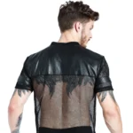 Sexy Men Fishnet T-Shirt PU Faux Leather Mesh Shirts See Through Tops Tee Transparent Short Sleeve Stage Clubwear - Image 5