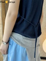 HanOrange 2026 Summer Lazy V-Neck Knit Single-breasted Vest Side Tie Design Women Sleeveless Top Black/Beige/Navy Blue - Image 4
