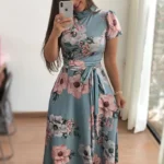Women's Slim Dresses Casual Long Sleeve Round Neck Flower Printed Dress Strap Floor-Length Long Skirt Women's Clothing - Image 2