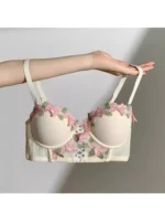 YUQI Vintage Floral Lingerie Set Cream Lace Bralette, Retro Push Up Bra for Small Bust Women Pure & Sensual Embroidered Wireless - Image 2