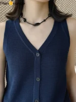 HanOrange 2026 Summer Lazy V-Neck Knit Single-breasted Vest Side Tie Design Women Sleeveless Top Black/Beige/Navy Blue - Image 2