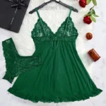 2 Pcs Set Lace Nightgown Women Exquisite Homewear New Green Nighttime Pajamas Transparent Split Nightdress V-Neck Bra Panty Sets - Image 2