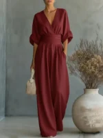 2026 Spring Deep V Neck Women's Jumpsuits Elegant Solid High Waist Rompers Casual Wide Leg Pants Pocket Overalls Vacation Outfit - Image 6