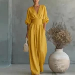 2026 Spring Deep V Neck Women's Jumpsuits Elegant Solid High Waist Rompers Casual Wide Leg Pants Pocket Overalls Vacation Outfit - Image 3