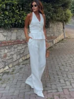 MUJER Pants Sets For Women 2 Pieces Off Shoulder Sleeveless Vest Woman Outfit Fashion Wide Leg Pants Elegant Casual Women's Set - Image 3