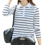 Flip collar striped t-shirt for women's spring and autumn new fashionable long sleeved polo shirt for women's pure cotton shirt - Image 6