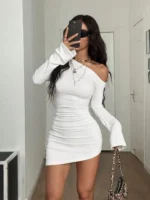 Dulzura Inclined Shoulder Long Sleeve Ruched Slim Irregular Mini Dress Women'S Solid Sexy Casual Dress Party Club Autumn Clothes - Image 2