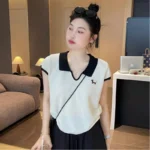 Women's Summer Knit Polo T-Shirt Contrast Color Collar Embroidery Ice Silk Top Slim Fit Short Sleeve Casual Blouse - Image 5