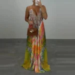 Casual High Waist Evening Party Dress Sexy V-neck Backless Sleeveless Vacation Robes Elegant Bohemian Printed Women Loose Dress - Image 3