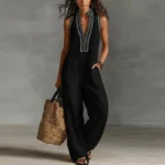 Bohemian Vacation Jumpsuit for Woman 2026 Spring Sexy Print Deep V Neck Hollow Rompers Summer Sleeveless Wide Leg Pants Overalls - Image 2