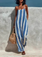 Women Fashion Off Shoulder Pocket Wide Leg Jumpsuit Casual Backless Hollow Beach Romper Striped Printed Camisole Summer Playsuit - Image 5