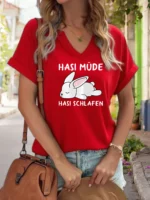 Women's V-Neck "Hasi Müde Hasi Schlafen" Graphic Tee, Cute Sleepy Rabbit Print T-Shirt, Casual Short Sleeve Loungewear Top - Image 6