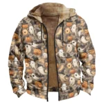 Glow Pumpkin Screaming Ghost Print Men's Halloween Hooded Coat Jackets Zip-Front Pocket Fall Costume Cozy Outerwear Trending - Image 3