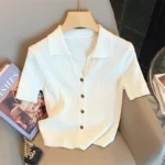 Knitted Polo Shirt Women's Summer Cardigan Short Sleeve T-Shirt Casual Fashion Short Sleeve Tops Knitwear 2025 Korean Clothing - Image 3