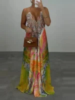Casual High Waist Evening Party Dress Sexy V-neck Backless Sleeveless Vacation Robes Elegant Bohemian Printed Women Loose Dress - Image 6
