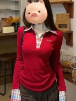 Preppy Polo Neck Plaid Long sleeve T shirt Women Fake Two-piece Basic Top V neck Button Blouses Tees Embroidery High-quality - Image 5