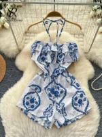 SINGREINY Bohemian Halter Holiday Bodysuits Backless High Waist Lace Up Ruffle Pocket Lazy Slim Women Summer Print Beach Rompers - Image 6