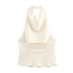 Women's Satin Halterneck Tank Top Backless Button Detail Sexy Flowing Camis Fashionable Athleisure Wear - Image 4