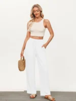 Women's Solid Color Loose Wide Leg Pants Casual Drawstring Straight Pants Pocket Casual Pants Trousers Loose High Waisted Pants - Image 4