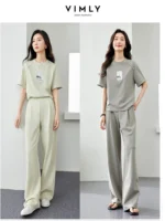 VIMLY Sporty Blouse Matching Sets For Women Summer Simple Loose Printed Top+Casual Elastic Waist Wide-Leg Pants Two Piece Set - Image 5