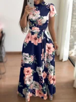 Women's Slim Dresses Casual Long Sleeve Round Neck Flower Printed Dress Strap Floor-Length Long Skirt Women's Clothing - Image 5
