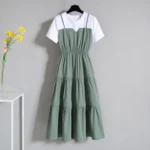 2024 Fashion Strap Fake Two piece Dress Block Summer Short sleeved Dress Women's Waist Tight Dress - Image 2