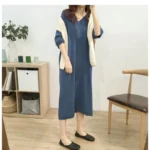 Women Clothing New V Neck Simplicity Loose Street Casual T Shirt Dress Summer Short Sleeve Solid Korean Midi Dress Fashion Trend - Image 5