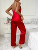 Summer solid color sexy casual comfortable women's pajamas set suspenders trousers two-piece set - Image 2