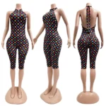 Women Polka Dot Halter Backless Jumpsuit Stretchy Bodycon Capri Romper for Club Party Backless European and American Styles Set - Image 3