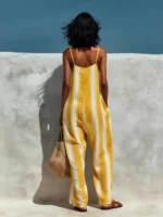 Women Fashion Off Shoulder Pocket Wide Leg Jumpsuit Casual Backless Hollow Beach Romper Striped Printed Camisole Summer Playsuit - Image 6