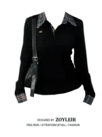 Preppy Polo Neck Plaid Long sleeve T shirt Women Fake Two-piece Basic Top V neck Button Blouses Tees Embroidery High-quality - Image 2
